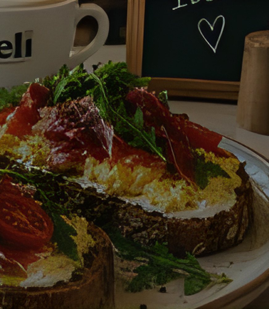 Tostada con huevo, jamón y rúcula servida en Deli & Brunch